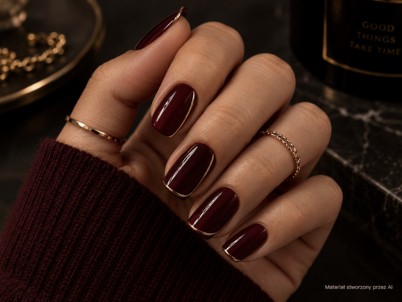 paznokcie ze złotym akcentem na burgundowej bazie burgundowy manicure z cienkim złotym zdobieniem biegnącym przy krawędzi paznokci