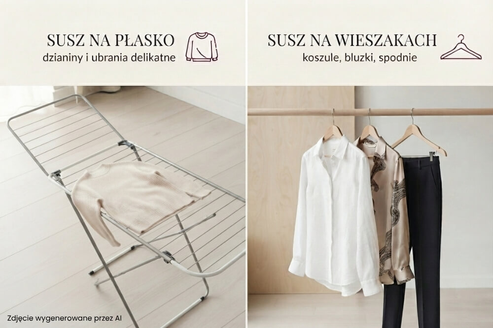 prawidłowe suszenie ubrań na płasko i na wieszakach