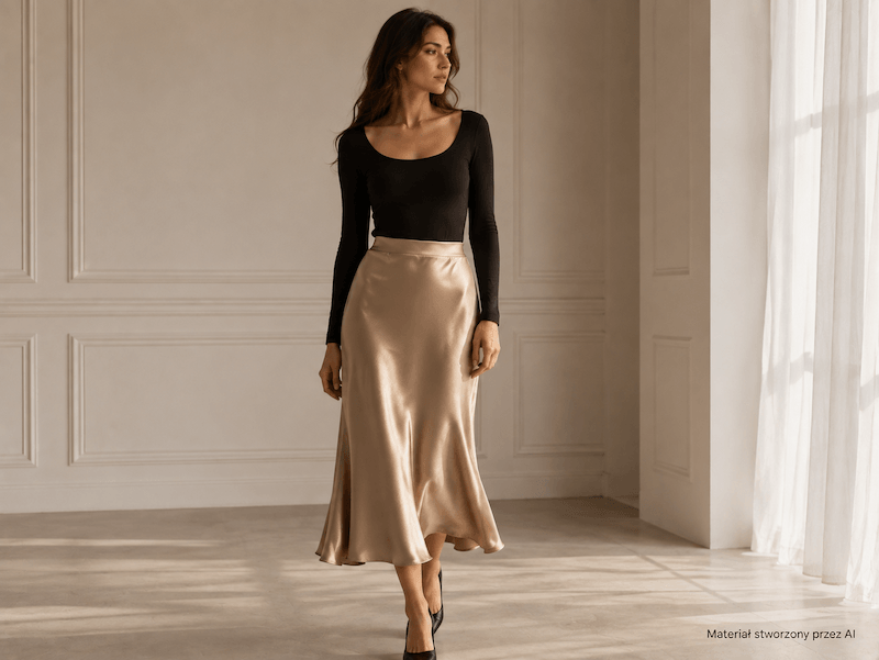 minimalistyczne body z jasną satynową spódnicą jaka bluzka do satynowej spódnicy – czarne body z jasną satynową spódnicą midi