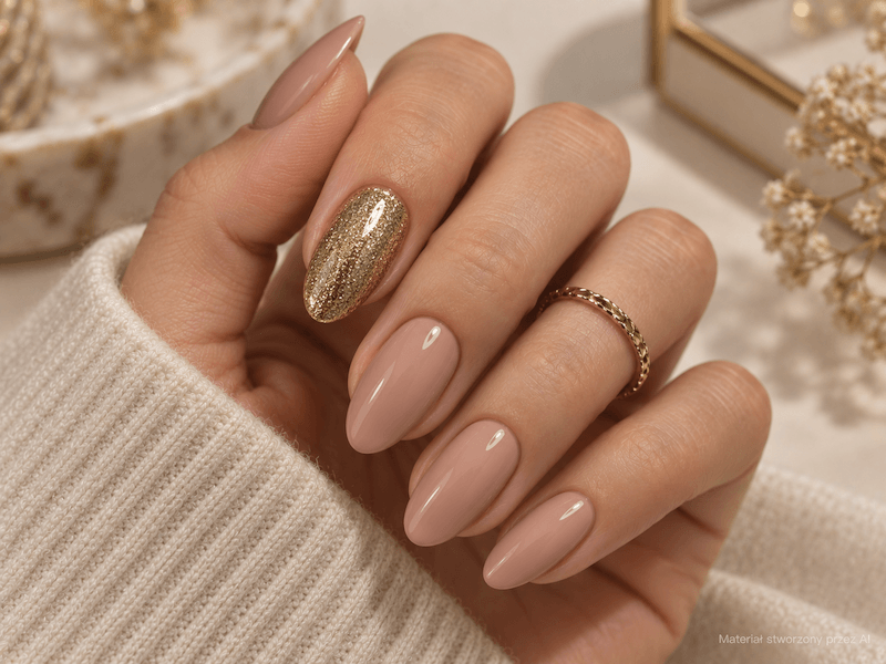 paznokcie ze złotym akcentem w formie brokatowego accent nail manicure nude z jednym paznokciem całkowicie pokrytym złotym brokatem