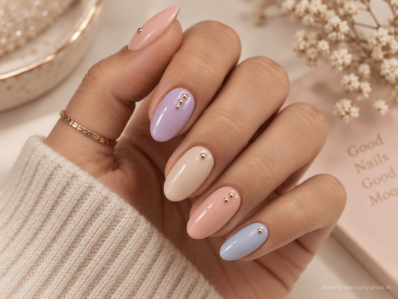 pastelowy manicure z drobnymi złotymi kropkami paznokcie ze złotym akcentem w formie drobnych kropek na pastelowych kolorach