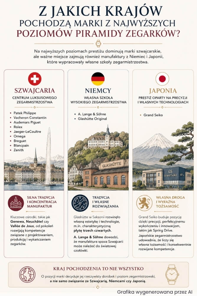 piramida prestiżu zegarków - marki ze szwajcarii, niemiec i japonii